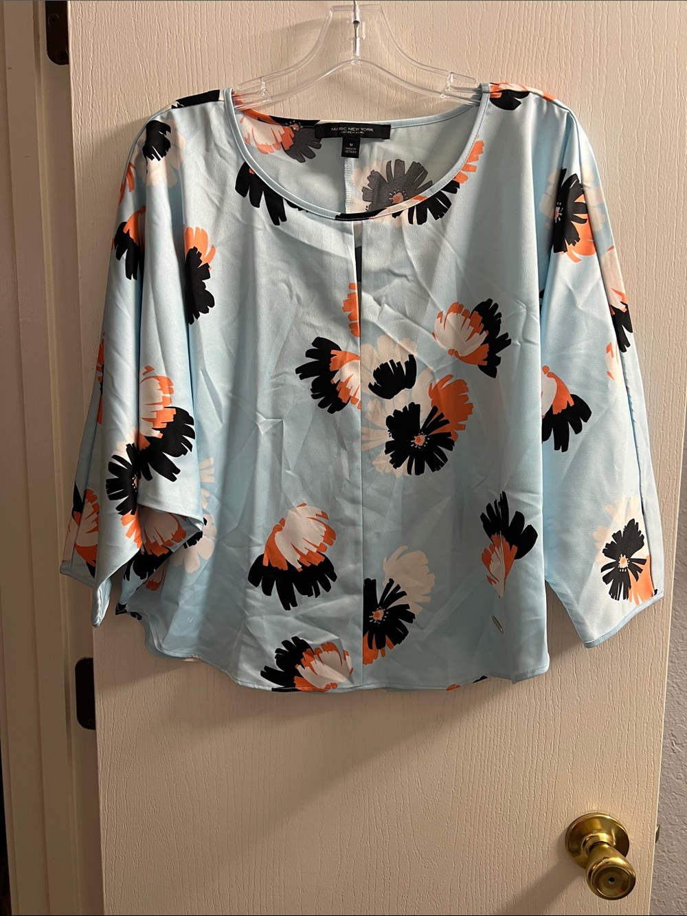 Andrew Marc Light Blue Floral Scoop-Neck Blouse
